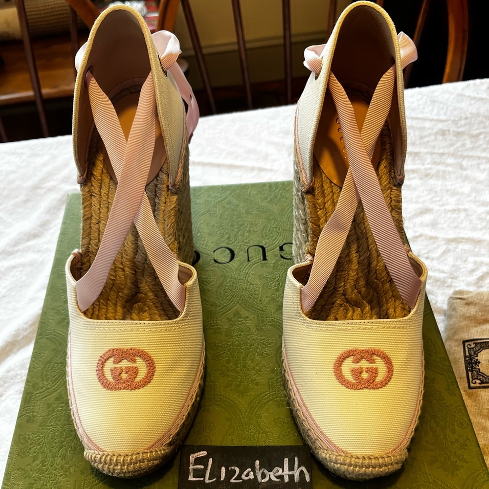 Gucci women’s interlocking G white and pink wedge espadrille ribbon tie BNIB